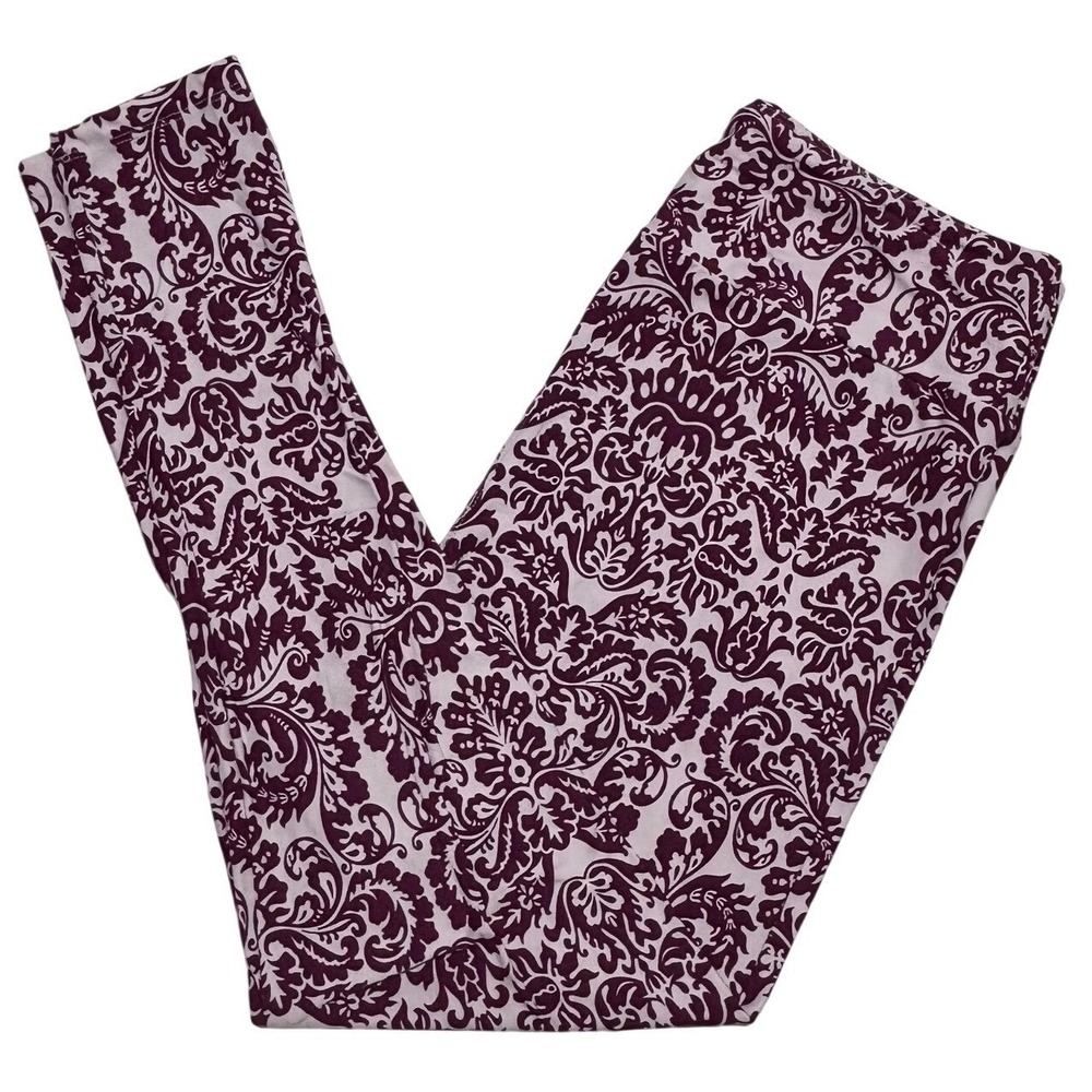 LuLaRoe Womens Leggings Size TC Plum Purple White Damask Scroll Tall & Curvy NWT